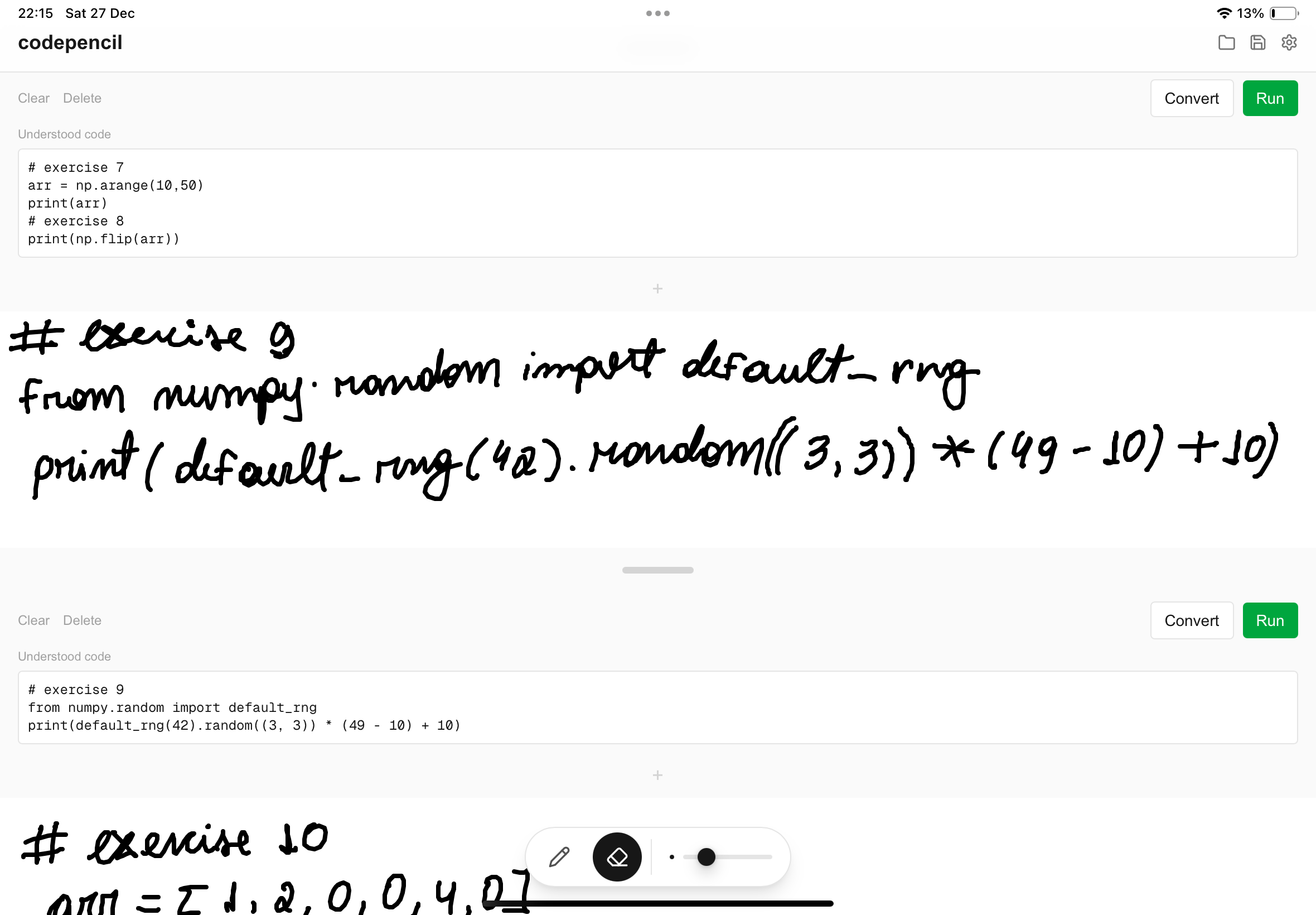 Exemplo de uso do app, muito similar a um notebook python, com células em que se escreve o código manuscrito